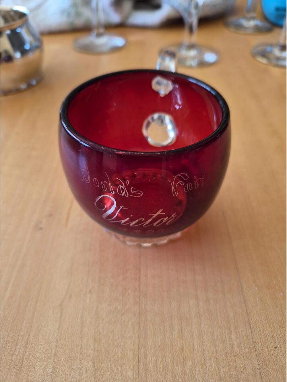 1893 World's Fair Ruby Flashed Souvenir Cup etched with  Victor
